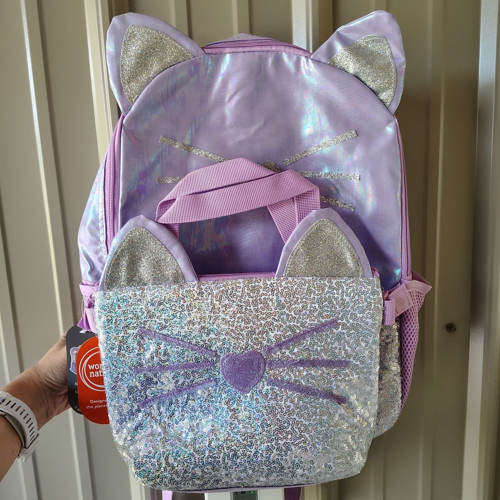 Girls Purple Iridescent Sequin Cat Backpack‎ Lunch Box 2-Piece Set Wonder Nation